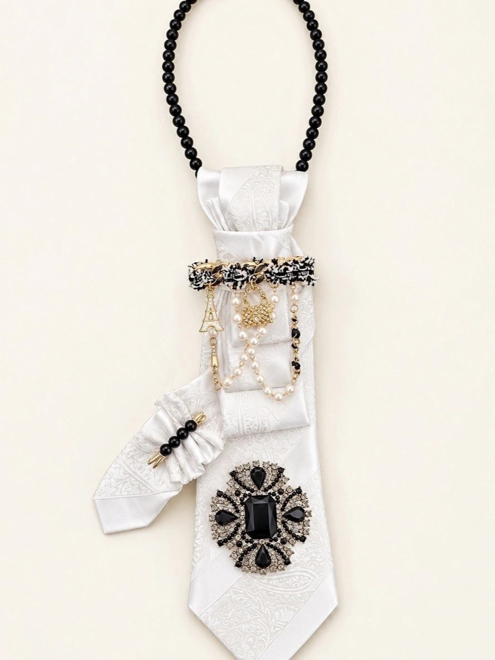 Handmade White Satin Necktie Necklace with Black Rhinestone Brooch. Wearable Art